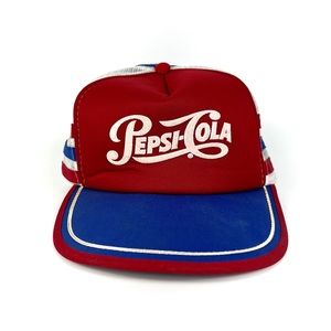 Vintage 1980s Pepsi-Cola 3 Stripe Red & Blue Advertise Mesh Trucker Hat Snapback